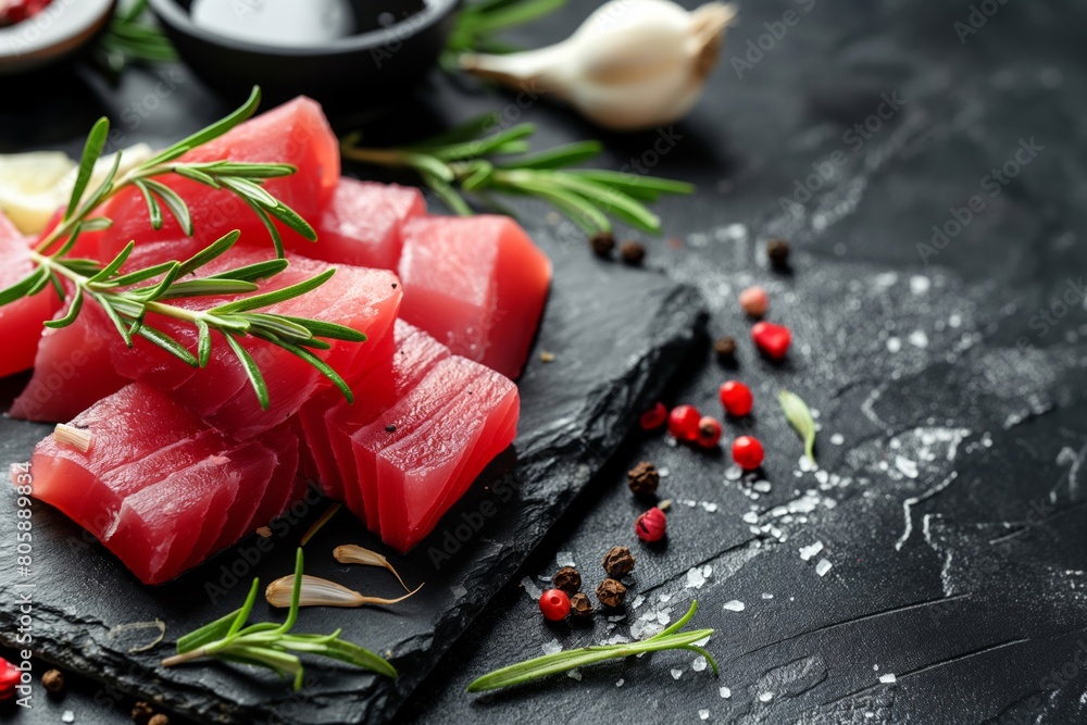 Raw Tuna Cubes with Rosemary, Pepper, and Garlic on Slate Surface
Raw Tuna Cubes with Rosemary, Pepper, and Garlic on Slate Surface