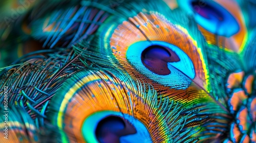Close up macro photography of stunning vibrant peacock feathers creating a mesmerizing background