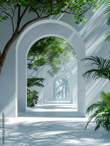 Hallway lined with arches  leading way to palm trees in the background  creating a serene and atmospheric landscape