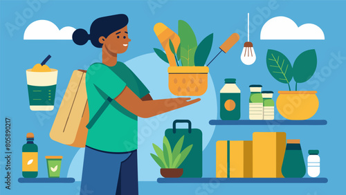 A shopper selecting products made from sustainable materials such as bamboo utensils or beeswax wraps.. Vector illustration