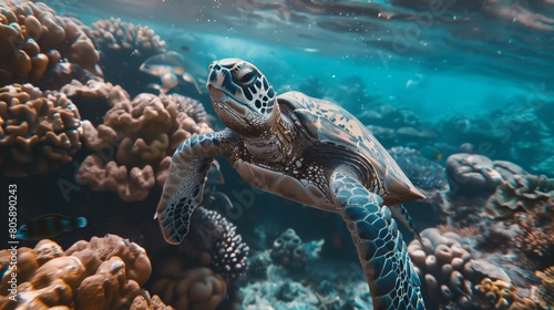 Sea Turtle Gliding Over Coral Reef in Sunlit Ocean Waters