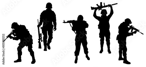 Silhouette of a male soldier carrying machine gun weapon.
