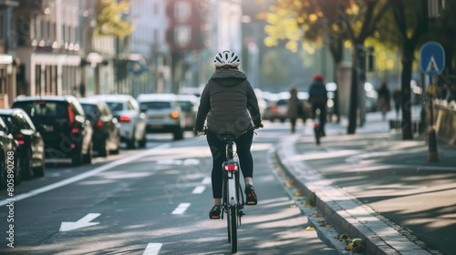 Urban Cycling Lifestyle  Rider on Bike Lane for Eco-Friendly Commute