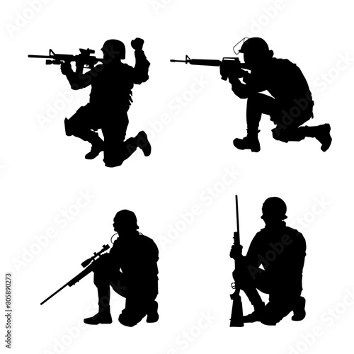 Silhouette of a shooter in squat position. Silhouette of a male soldier in action pose with his machine gun.