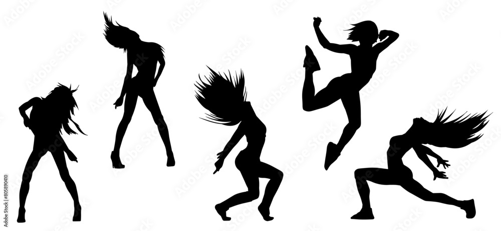 Silhouette collection of female dancer in action pose. Silhouette of slim energetic woman performing dance move. Silhouette collection of female dancer in action pose. Silhouette of slim energetic woman performing dance move.