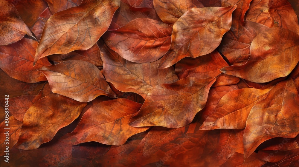 Broad, curving strokes in shades of orange and copper that form an abstract representation of autumn leaves