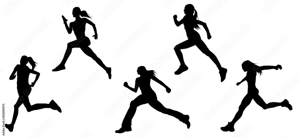 Silhouette collection of sporty female runner in action pose. Silhouette collection of woman in running pose. Silhouette collection of sporty female runner in action pose. Silhouette collection of woman in running pose.