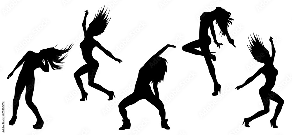 Silhouette collection of female dancer in action pose. Silhouette of slim energetic woman performing dance move. Silhouette collection of female dancer in action pose. Silhouette of slim energetic woman performing dance move.