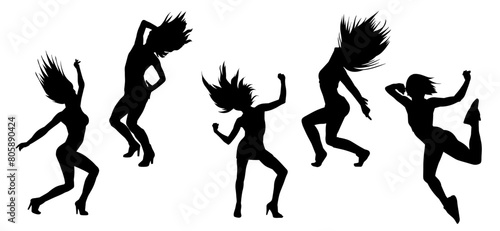 Silhouette collection of female dancer in action pose. Silhouette of slim energetic woman performing dance move.