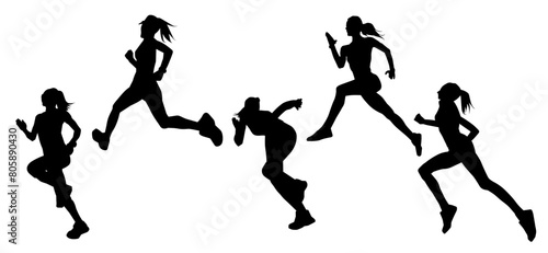Silhouette collection of sporty female runner in action pose. Silhouette collection of woman in running pose.