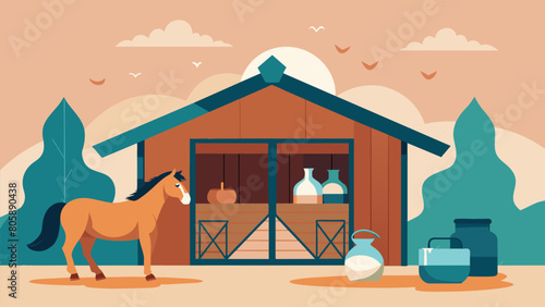 A peaceful barn with horses resting in their stalls enveloped in the calming aroma of a pet calming diffuser infused with cedarwood and vetiver.. Vector illustration