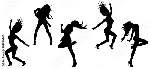 Silhouette collection of female dancer in action pose. Silhouette of slim energetic woman performing dance move.