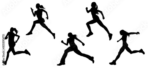 Silhouette collection of sporty female runner in action pose. Silhouette collection of woman in running pose.