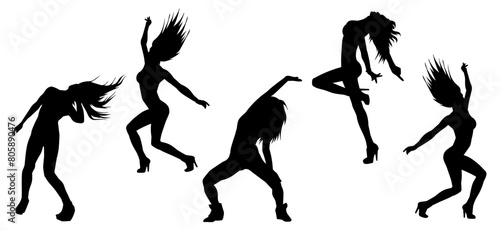 Silhouette collection of female dancer in action pose. Silhouette of slim energetic woman performing dance move.