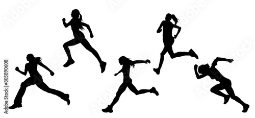 Silhouette collection of sporty female runner in action pose. Silhouette collection of woman in running pose.