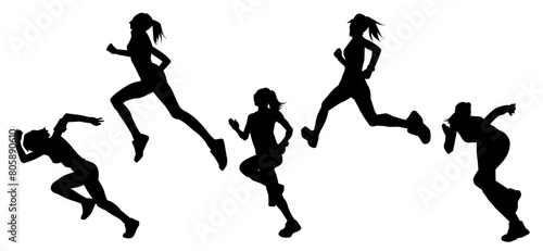 Silhouette collection of sporty female runner in action pose. Silhouette collection of woman in running pose.