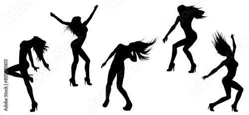 Silhouette collection of female dancer in action pose. Silhouette of slim energetic woman performing dance move.