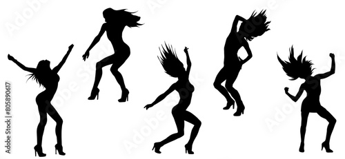 Silhouette collection of female dancer in action pose. Silhouette of slim energetic woman performing dance move.