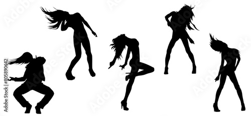 Silhouette collection of female dancer in action pose. Silhouette of slim energetic woman performing dance move.
