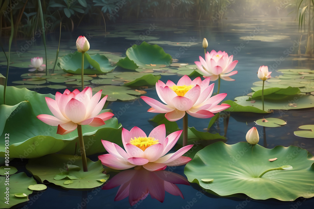 A group of pink flowers are floating in a pond A group of pink flowers are floating in a pond