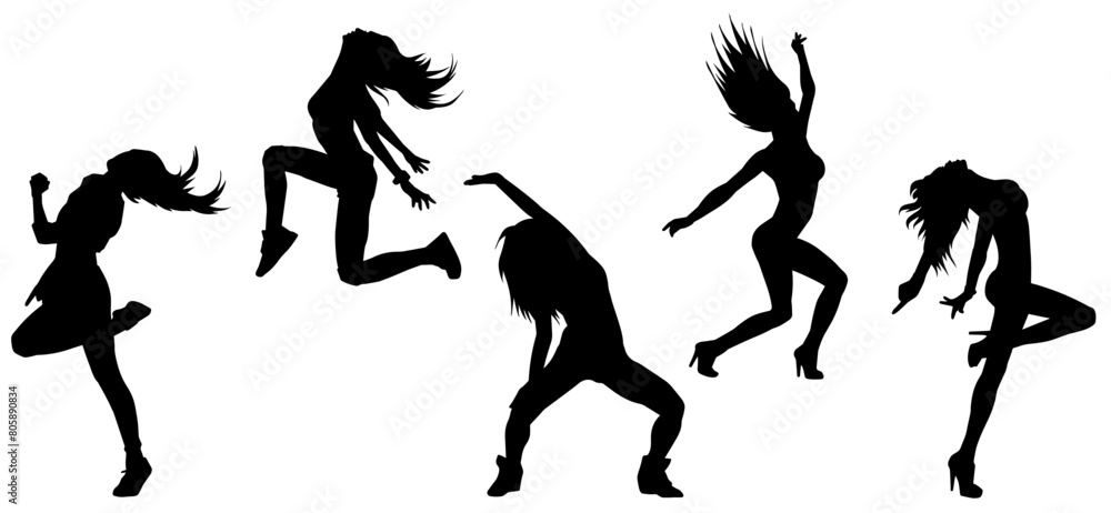 Silhouette collection of female dancer in action pose. Silhouette of slim energetic woman performing dance move. Silhouette collection of female dancer in action pose. Silhouette of slim energetic woman performing dance move.