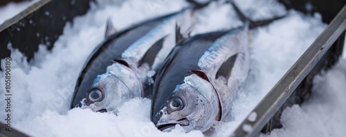 Fresh tuna fish on ice at a seafood market photo