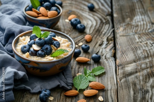 Healthy breakfast. oatmeal porridge with blueberries and almonds on wooden table background