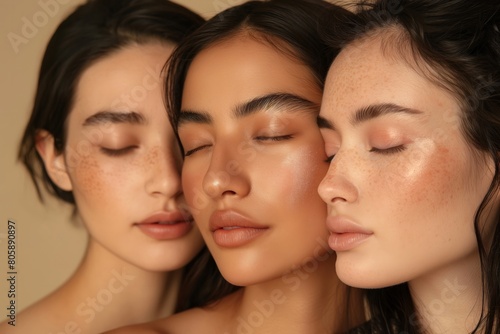 Serene portrait of three diverse women with natural makeup and freckles