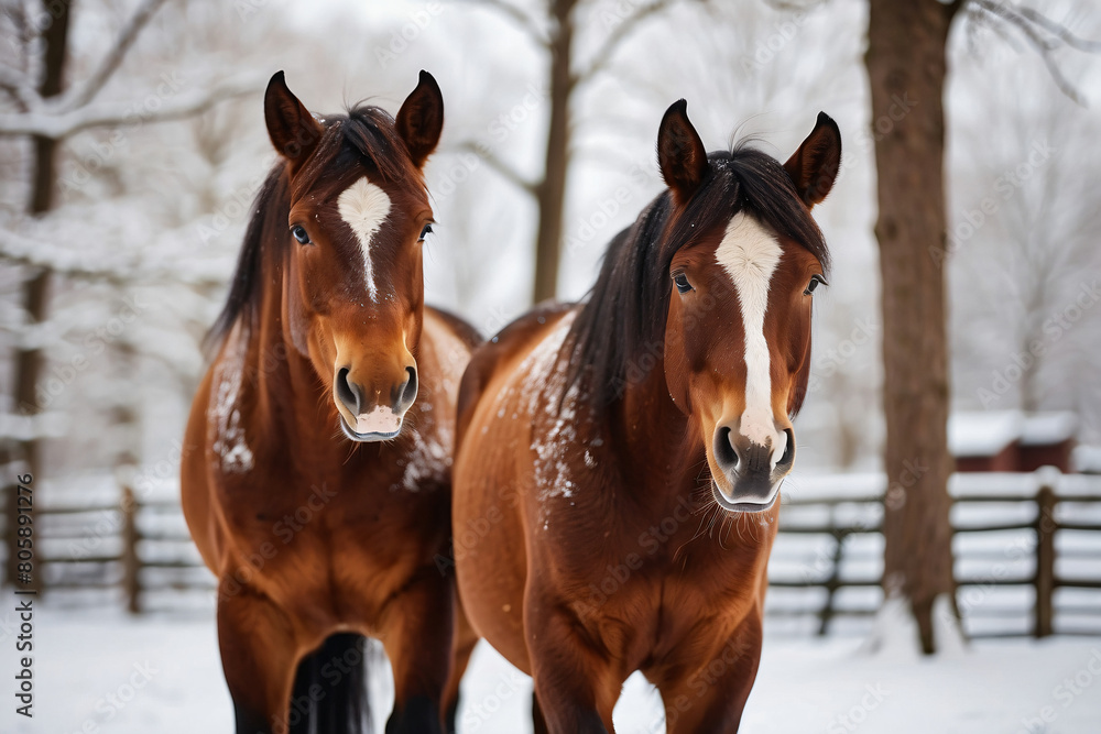 horse standing on snow covered meadow horse standing on snow covered meadow