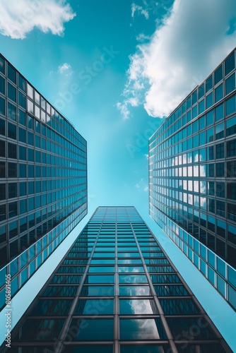 Modern skyscrapers with glass facade under blue sky