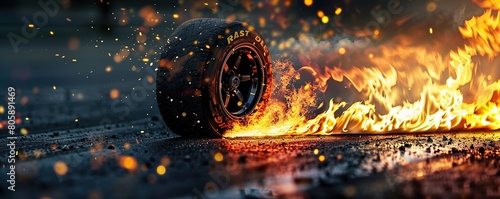 Burning car tires light up the dark road of the racetrack. Automotive photo editing concept