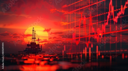 An oil platform framed by the setting sun, showcasing the economic opportunities within the oil sector.