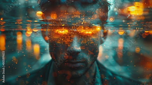 A man wearing suit with glitchy, distorted visual effects and double exposure