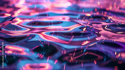 Closeup of rippling liquid mercury reflecting vibrant neon lights photo