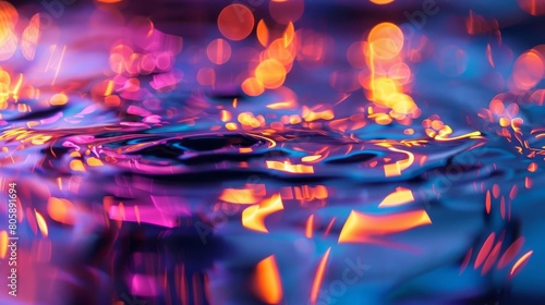 Closeup of rippling liquid mercury reflecting vibrant neon lights