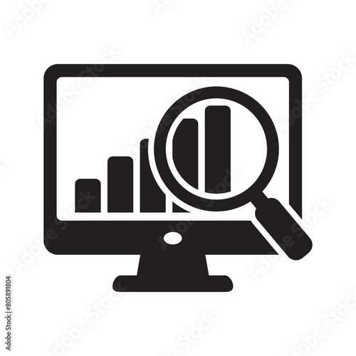 Screen with bar chart and loupe icon, computer monitor with report icon, online monitoring icon, statistics icon. Analysis concept isolated on white background.