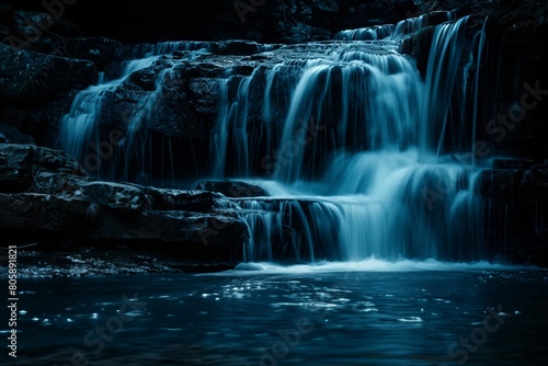 Blue Illuminated Waterfall Cascading Over Rocky Ledge