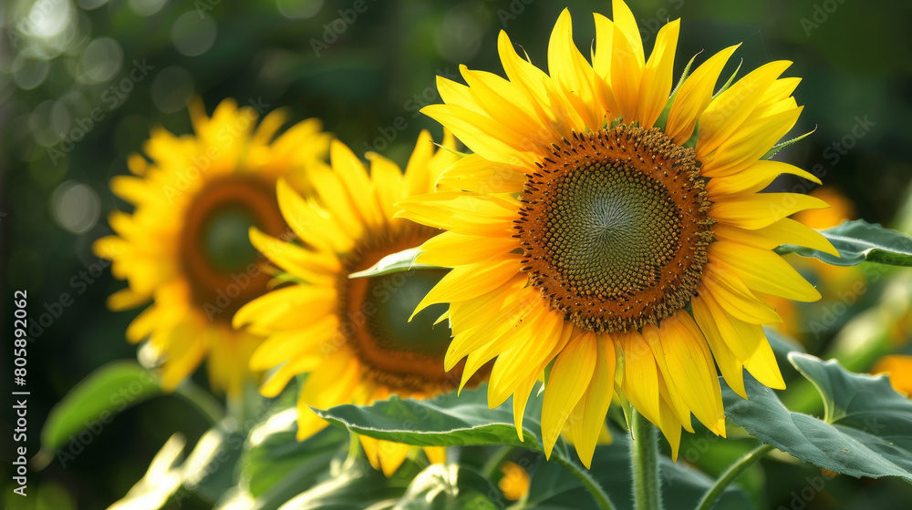 Macro shot of vibrant sunflowers with bright yellow petals, clear details against a blurred green background symbolizes the vibrant energy of summer Macro shot of vibrant sunflowers with bright yellow petals, clear details against a blurred green background symbolizes the vibrant energy of summer