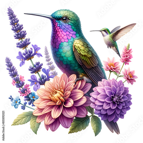 Hummingbird with Flowers Clipart  Colourful bird with flowers