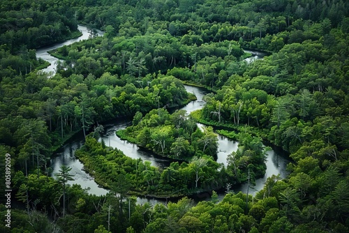 Curves and twists resembling the winding paths of rivers through dense forests