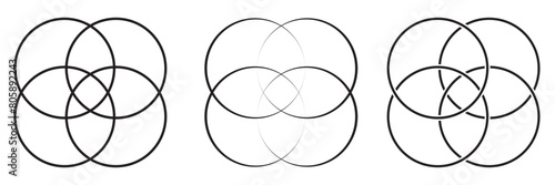Simple overlapping circles vector drawing, version with three to seven objects, also interlocked rounds style. Vector illustration. Isolated on white background. EPS 10