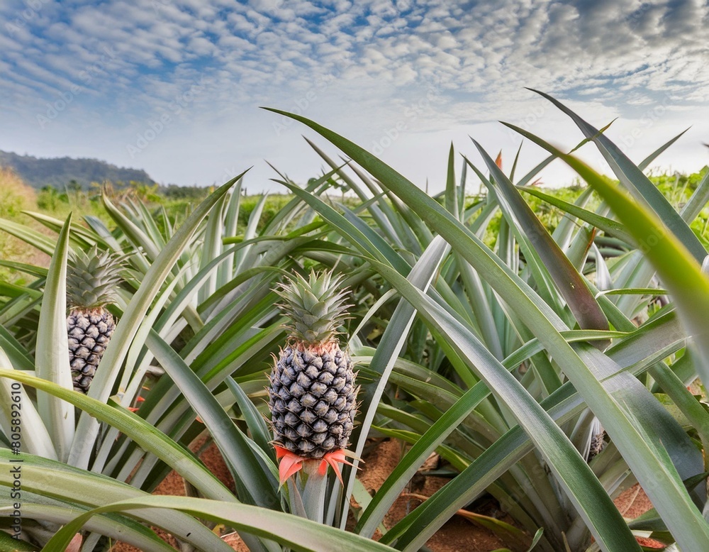 Obraz premium Ananasplantage auf Feld - Bio Ananasfeld - Anansaspflanzen mit Frucht - Ananas ist zum Pflücken