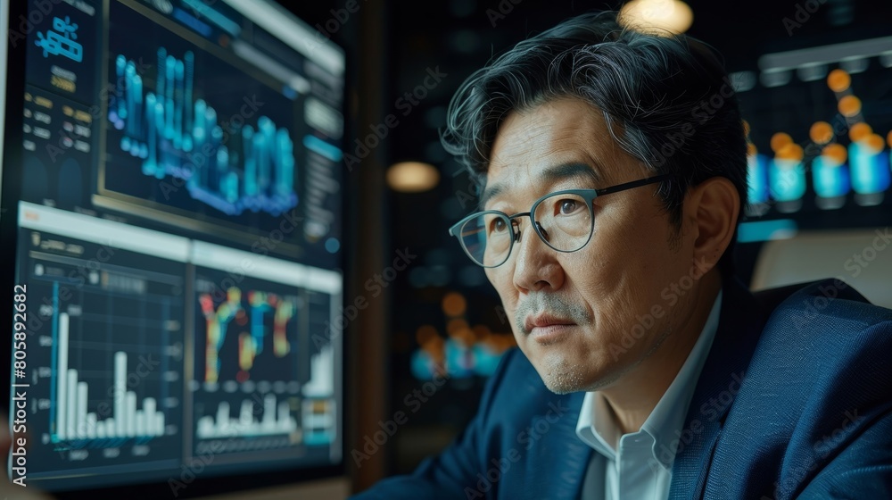 An HR manager closely examining worldwide employment patterns through a laptop. An HR manager closely examining worldwide employment patterns through a laptop.