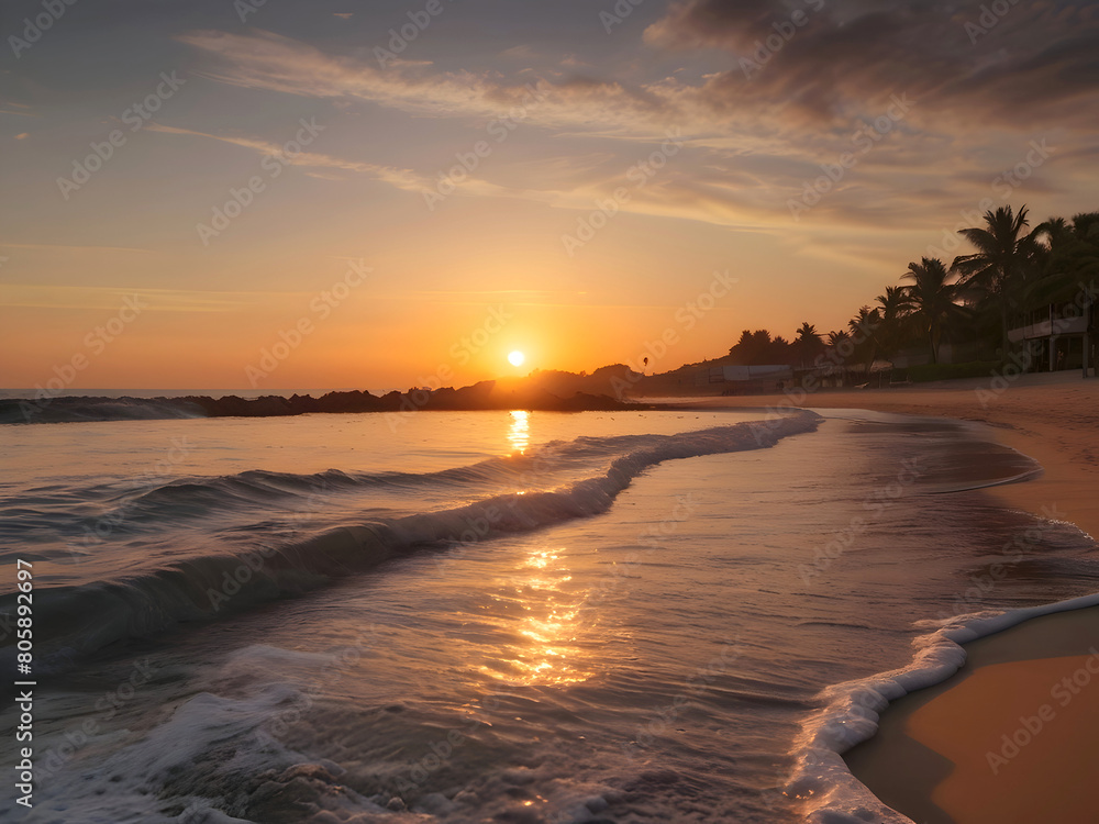 Naklejka premium Sunset Sea Beach Landscape Art