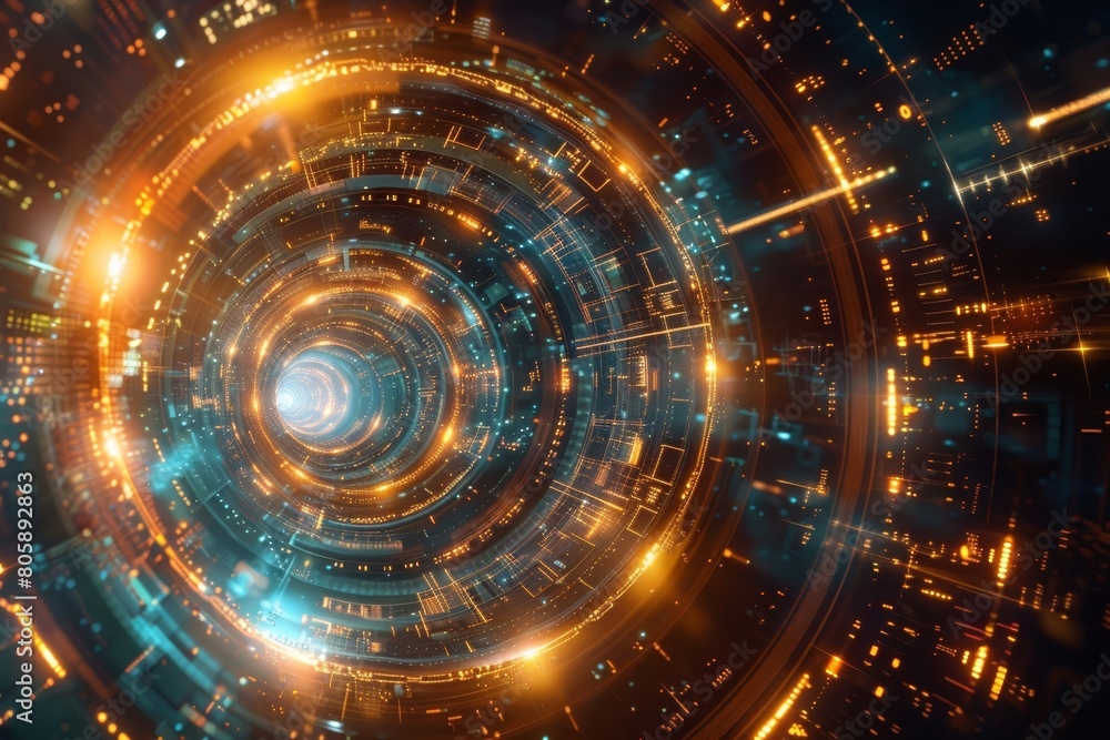 Fototapeta premium Particle accelerators use bending magnets to manipulate the path of charged particles in a futuristic setting.