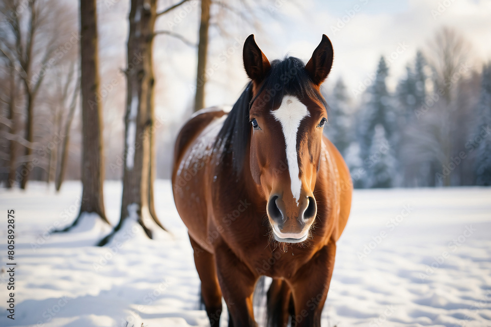 horse standing on snow covered meadow horse standing on snow covered meadow
