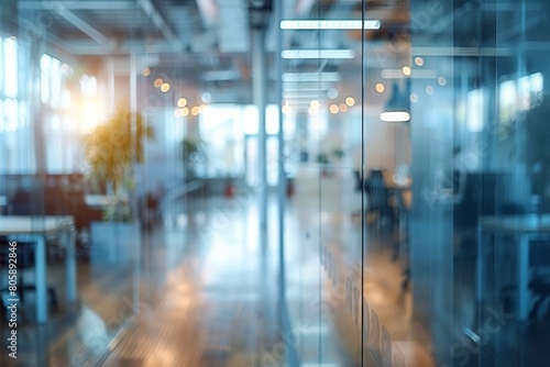 Slightly obscured workplace featuring employees laboring behind transparent partition. © tonstock