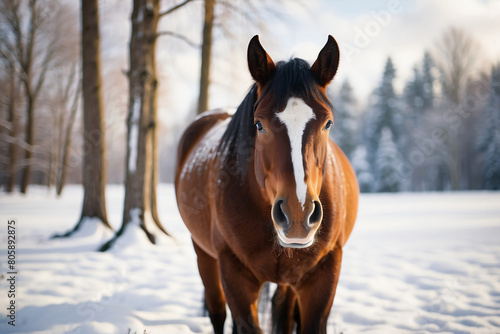 horse standing on snow covered meadow © Misno