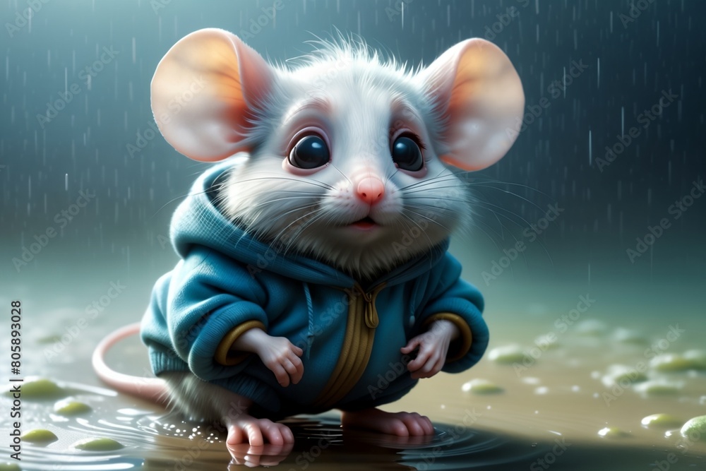 Obraz premium cute white mouse stands in a puddle in the rain and flood