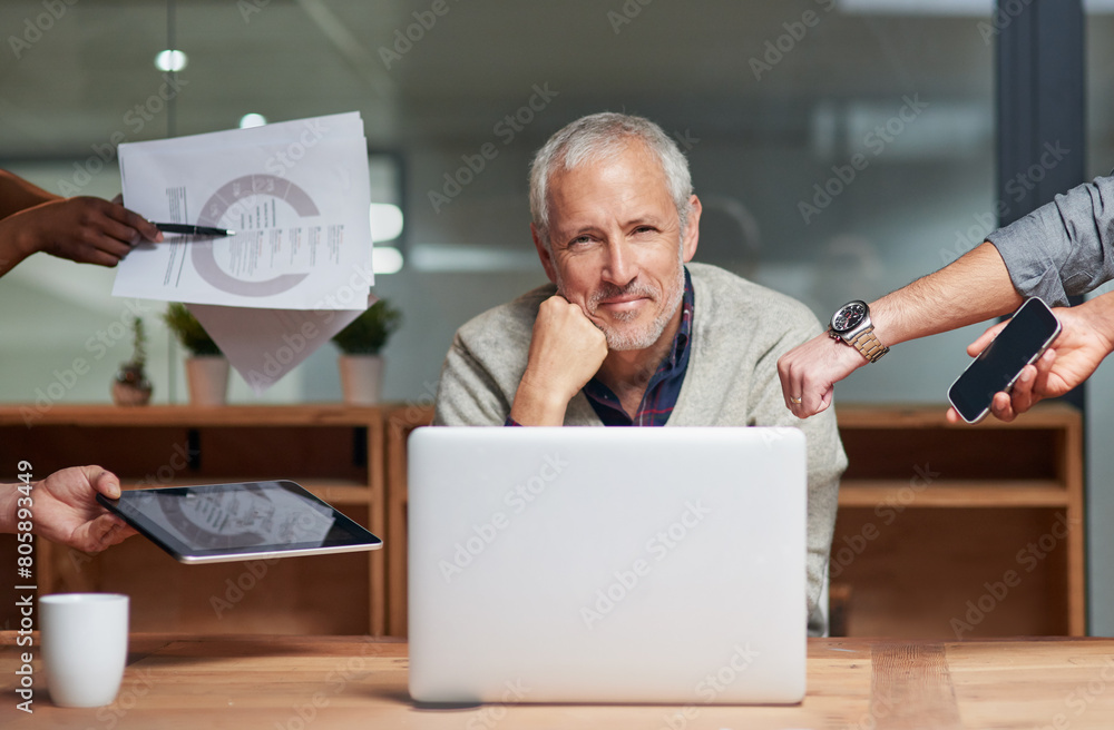 Fototapeta premium Portrait, mature and businessman with laptop, deadlines and employees submit more work. Documents, tablet and manager in multitasking, staff and office or busy, reports and project or smiling